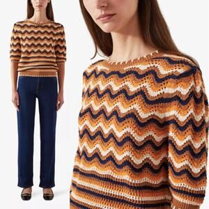 LK Bennett Soni Round Neck Knitted Pattern Cotton Top Brown Striped Size: Small